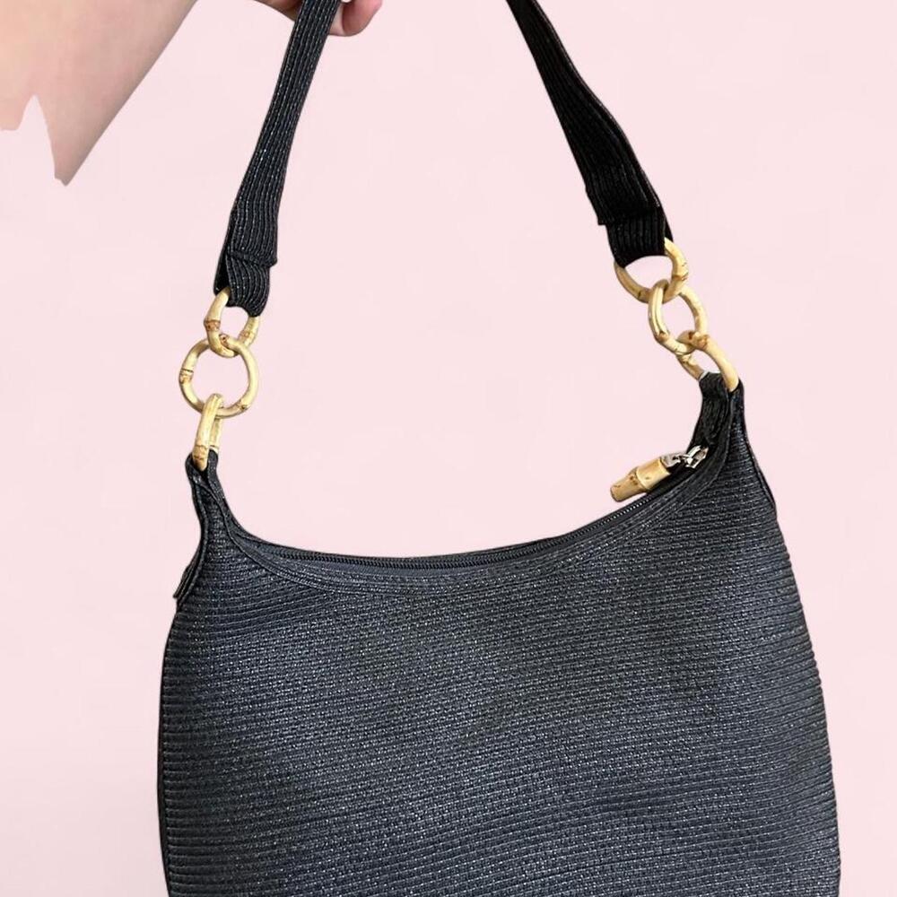 New with tags Talbots black woven straw handbag with gold and wooden hardware
